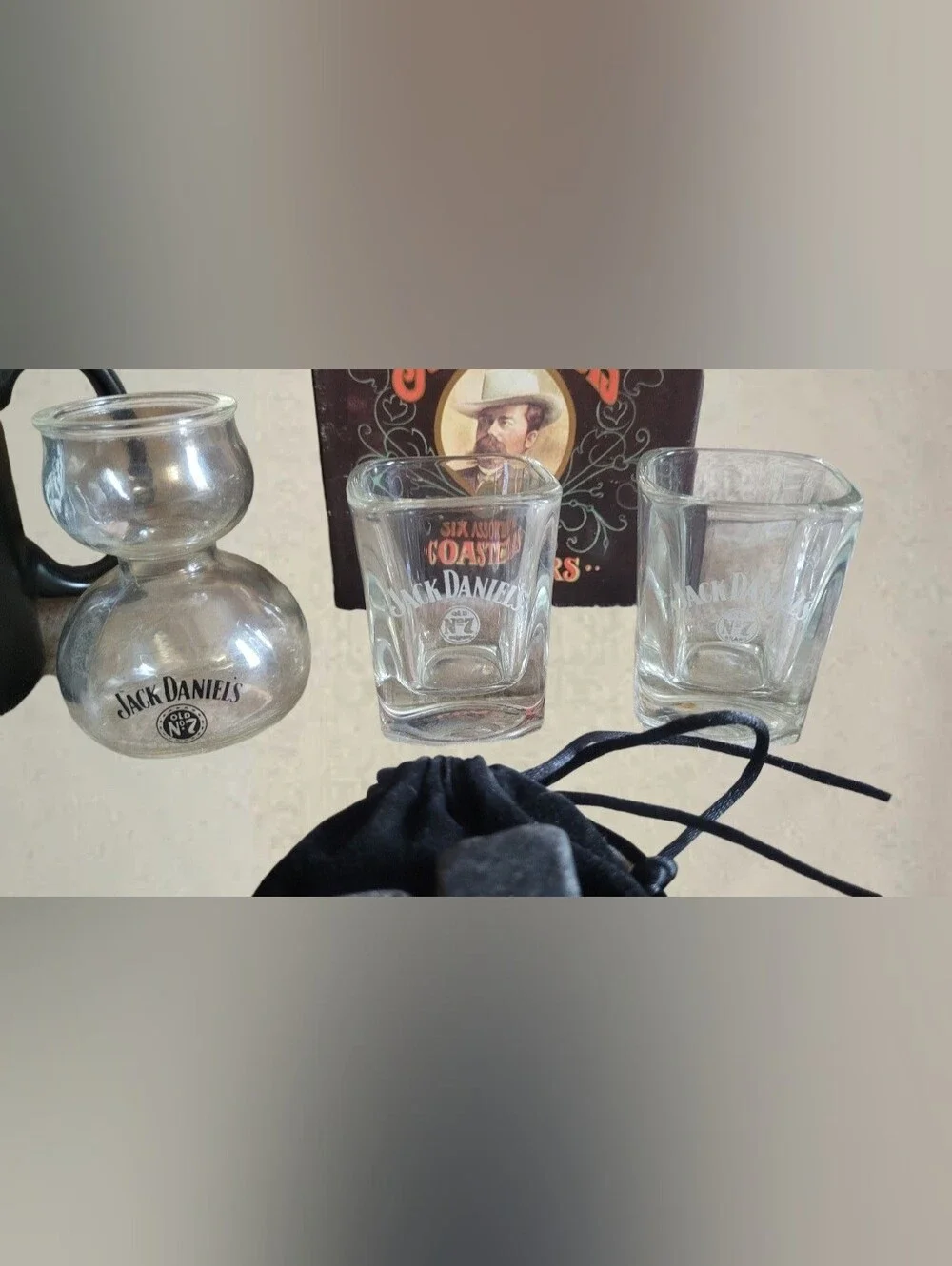 JACK DANIELS #7 LOT - COASTERS, SHOT GLASSES, GLENCAIRN CRYSTAL, BASALT STONES